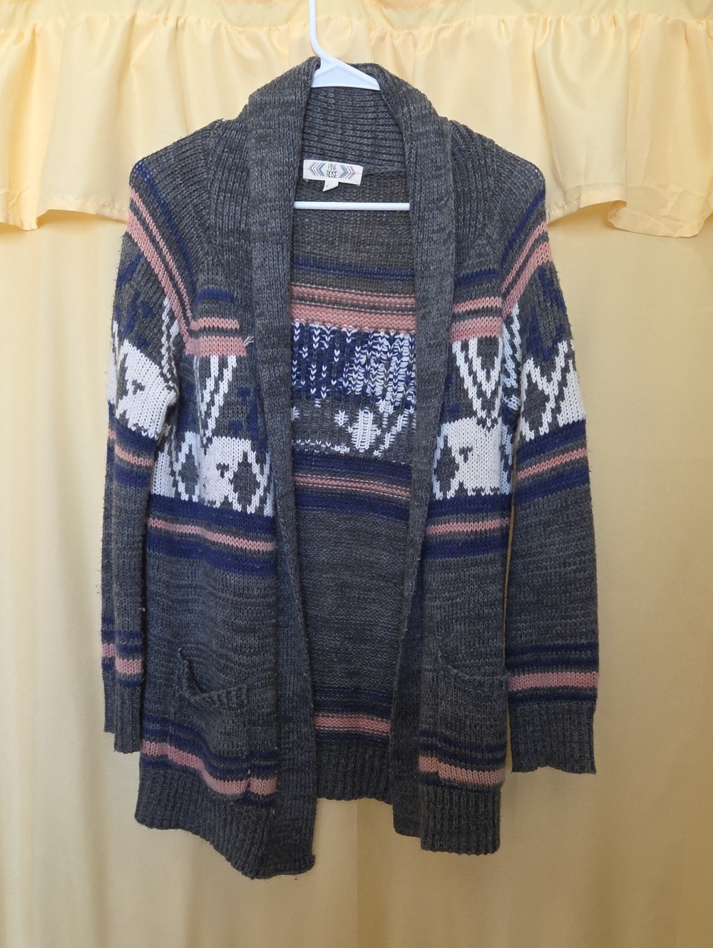 Pink Rose Gray Open-Front Cardigan with Pink & Blue Fair Isle